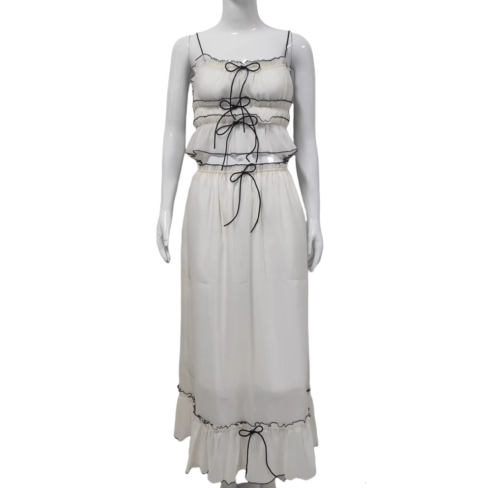 New women's clothing 2025 summer suspender bow sweet top pleated fairy half skirt set