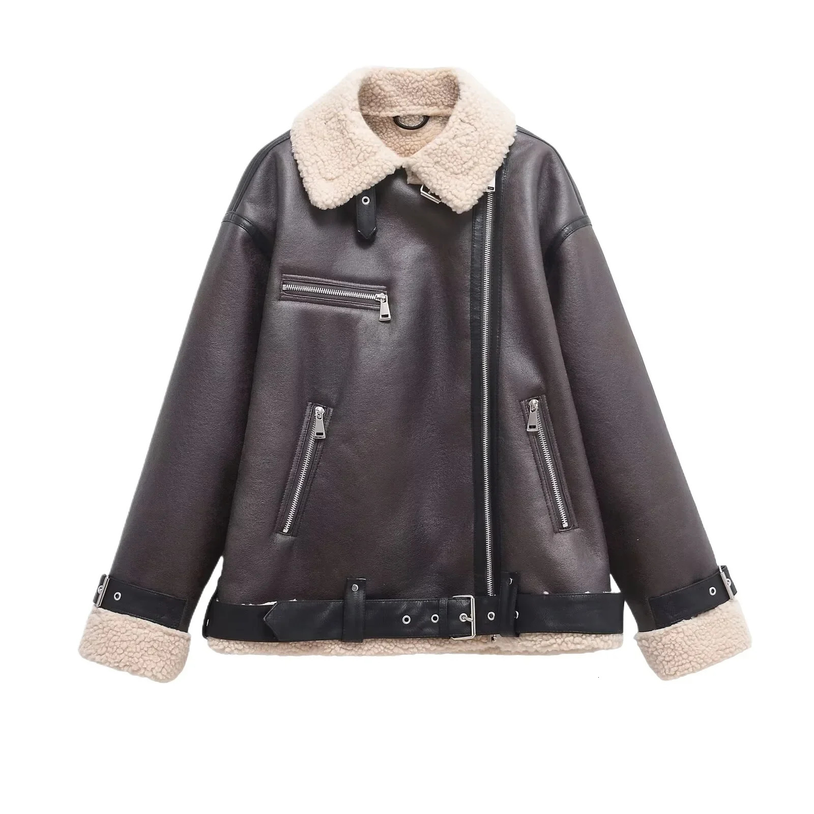 Double-Sided Lamb Velvet Jacket with Belt Womens Winter Fashion Polyester Fiber Full Sleeve Loose Fit Coat Integrated Leather A 251105