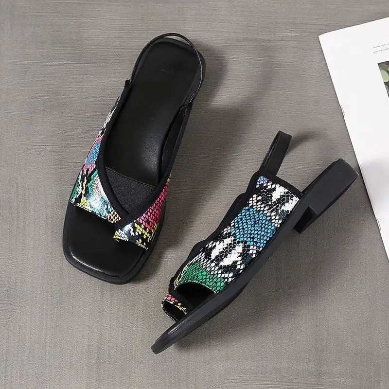 High quality summer flip sandals womens mixed color leopard print square toe low heel open toe casual sandalsXJ250410