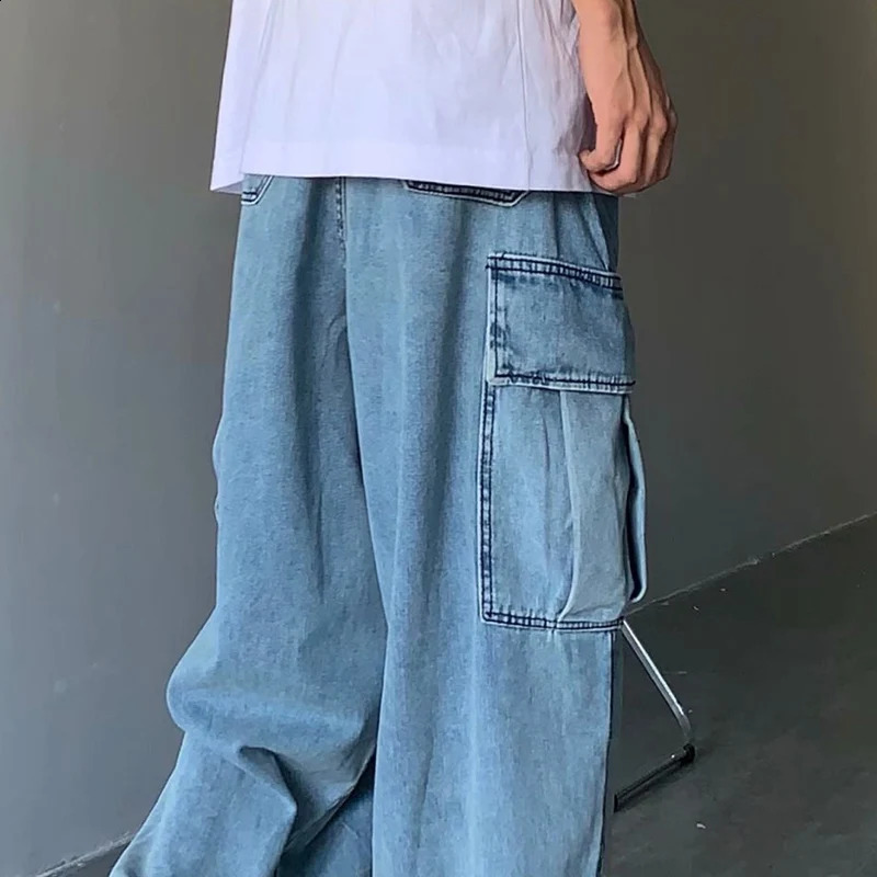 straight pocket jeans mens multi cargo denim pants for spring and summer breathable wide leg Trouser fashion hiphop streetwear 250407