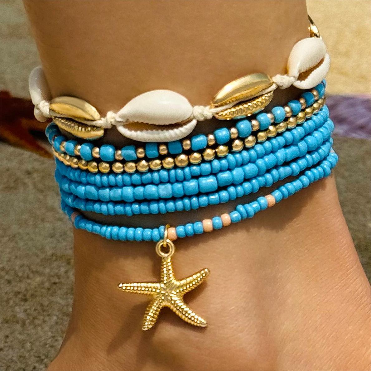 Seashell Jewelry Necklace Anklet Bracelet Bohemian Resort Style Beaded Woven Bracelet, Starfish Seed Bead 7-Piece Set Wholesale-1