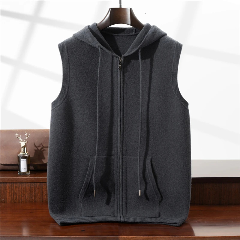 Autumn Winter Thickened Warm 100 Pure Wool Vest Mens with Hood Zipper Cardigan Casual Pocket Sweater Jacket 251104