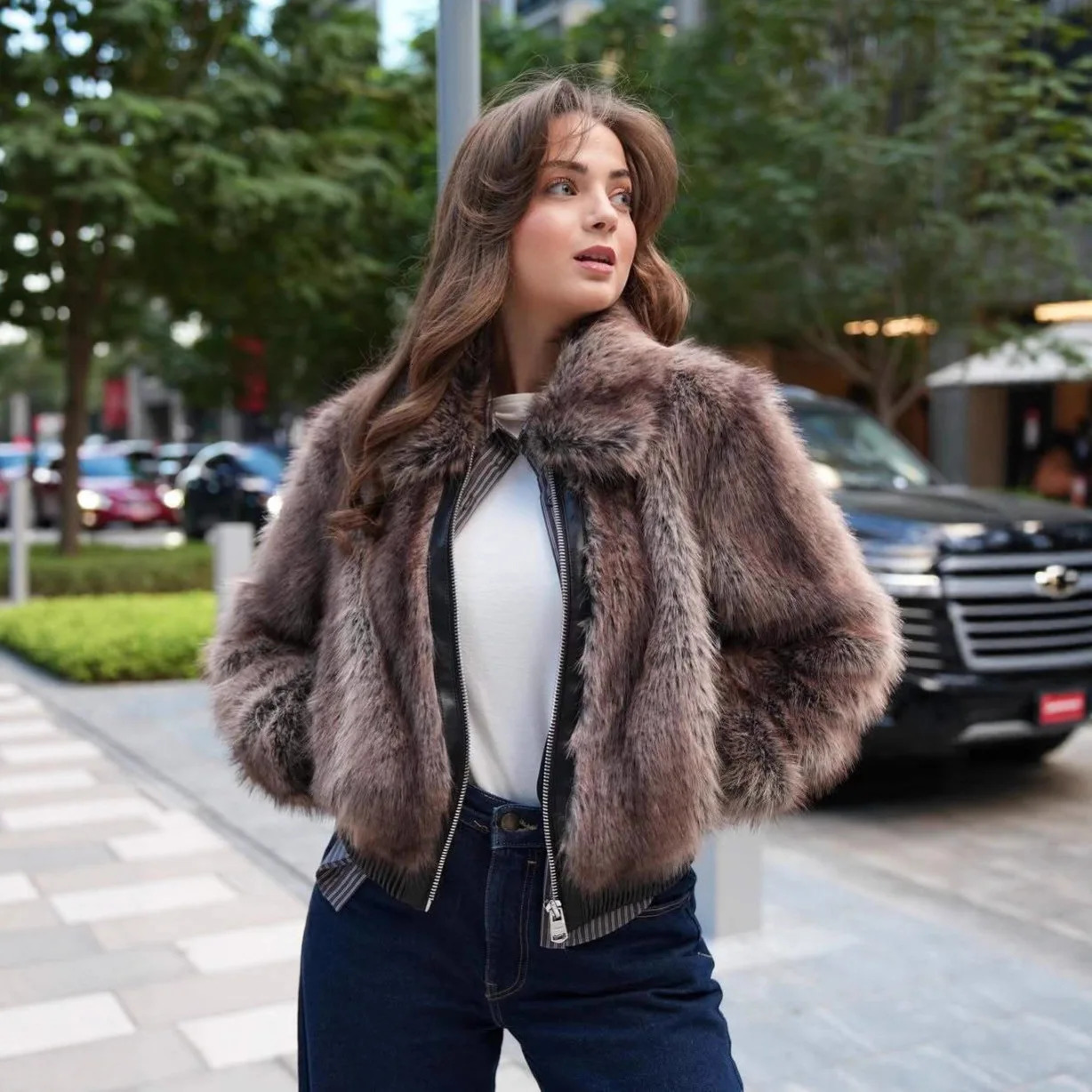 Street Winter Women Eco Fur Jacket Gradient Leather Spliced Artificial Coat For Lady Long Hair Thick Female Fluffy 251103