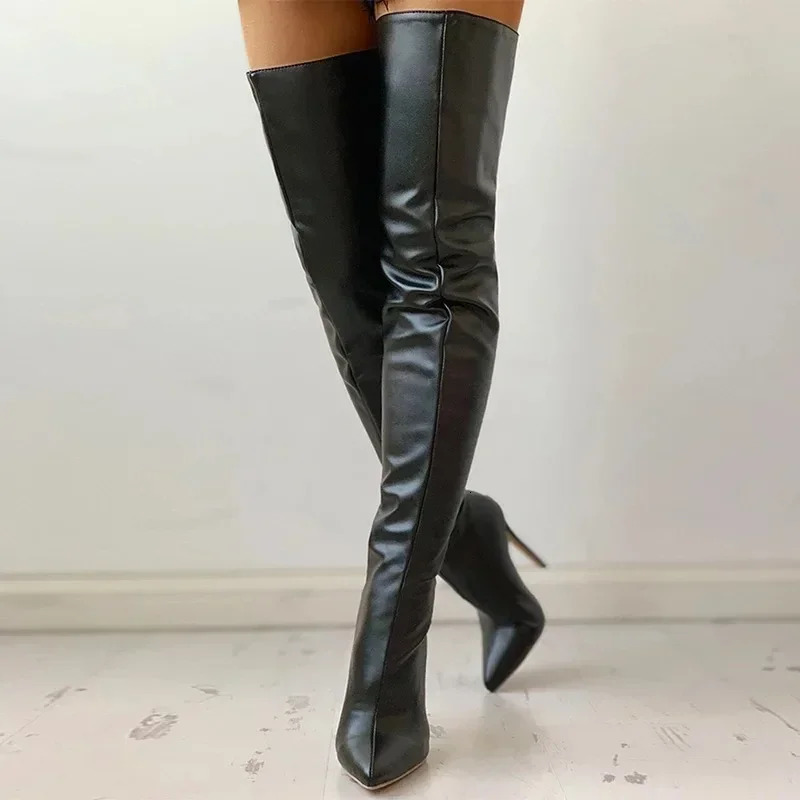 Plus Size 34-46 Women Boots Sexy Thigh High Boots Stretch PU Leather Over-the-knee Heeled Boots Black Red Autumn Winter Shoes 251110