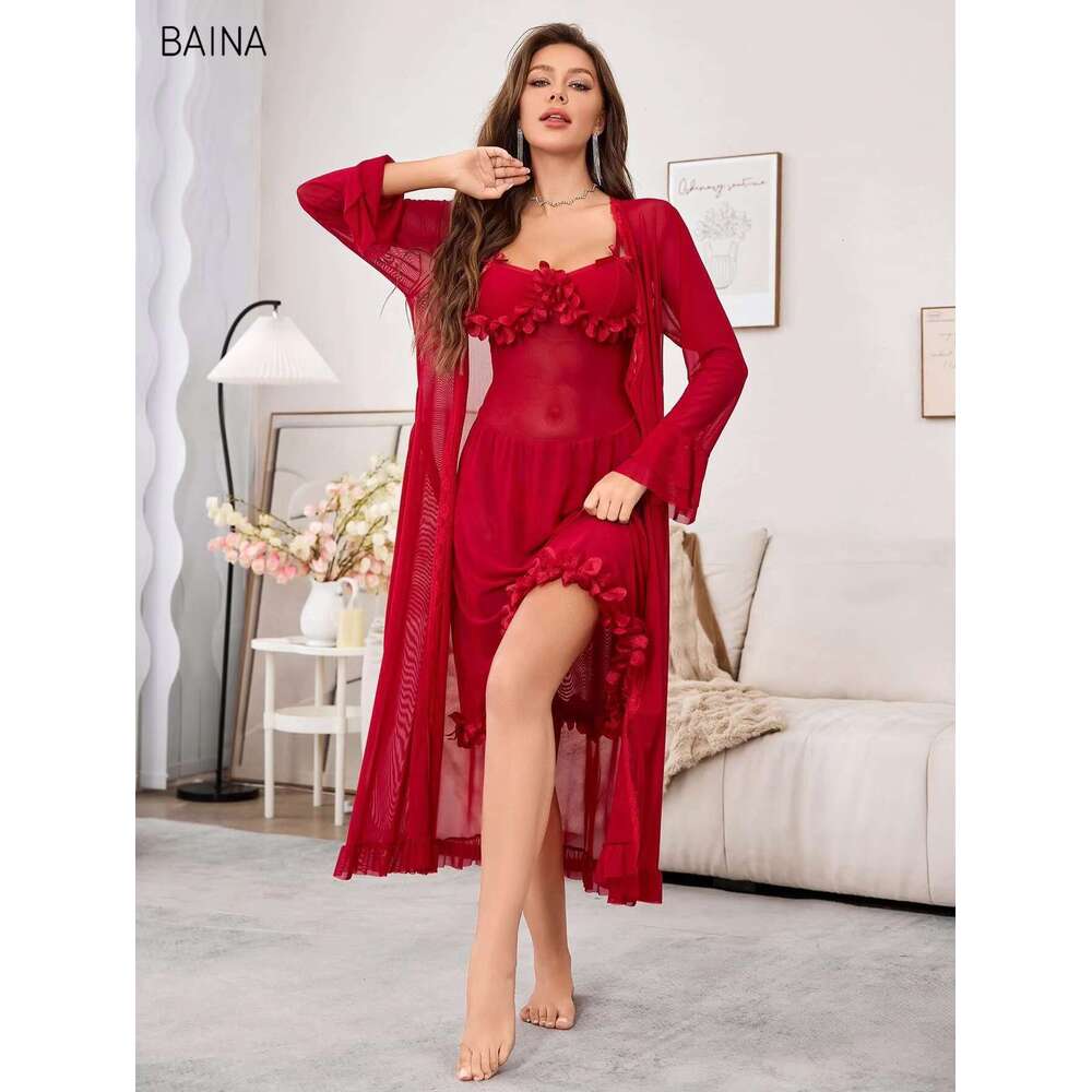 Valentine's Day Pama Mesh Wedding Dressing Sexy Ruffles Pamas Robe Pyjamas Set Sleeping Gown + Sg Dress