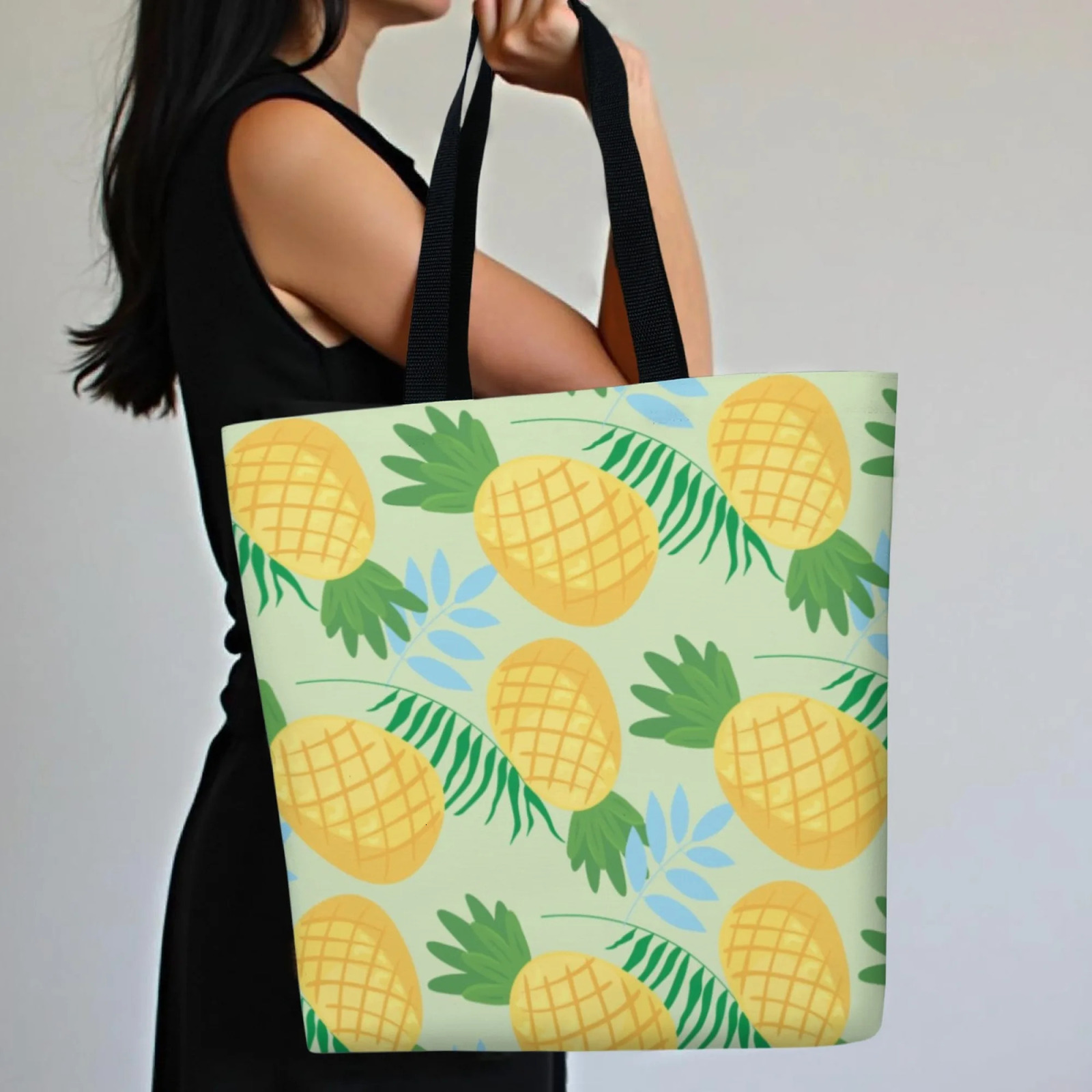 Korean Tropical Trend Canvas Tote Women Bag Light Green Pineapple Print Fashion Reusable Handbag Perfect for Daily Commute 251110