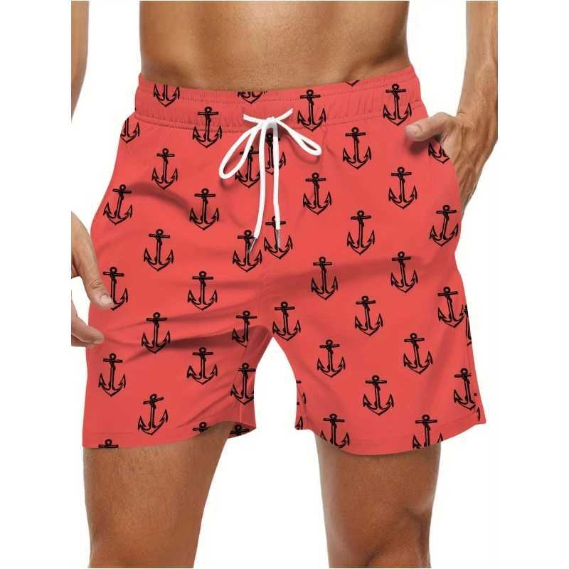 Simple anchor pattern beach shorts for men fashionable outdoor sports 3D printed shorts loose streetwear quick drying swim trunksW250410