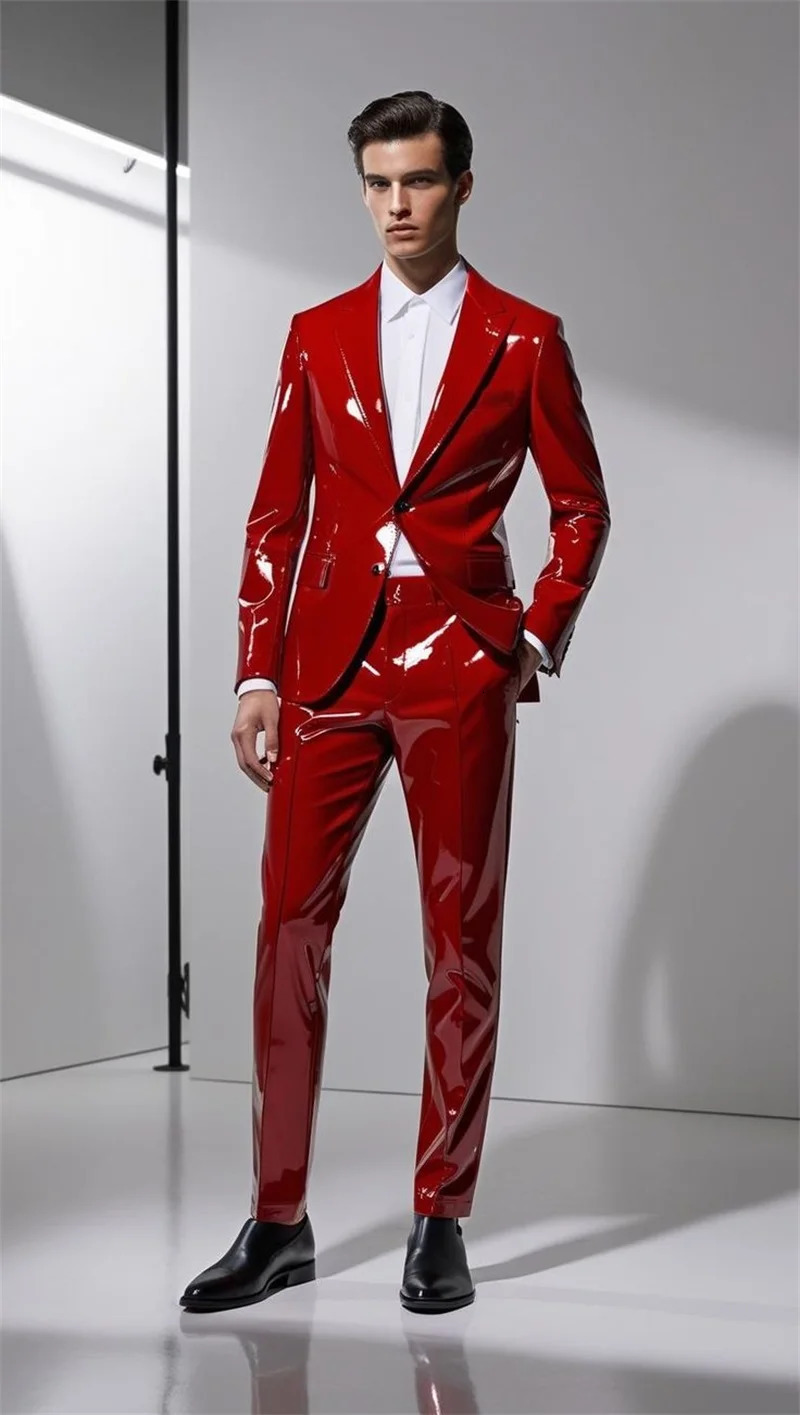 Bright PU Leather Men Suits Set 2 Piece BlazerPants Trousers Wedding Tuxedo Formal Office Groom Prom Jacket Business Coat 251107