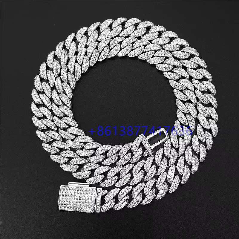 Zuanfa Hip Hop Bling 2 Rows 12mm 24 Moissanite Diamond Iced Out Cuban Chain Necklace Cuban Link Chain