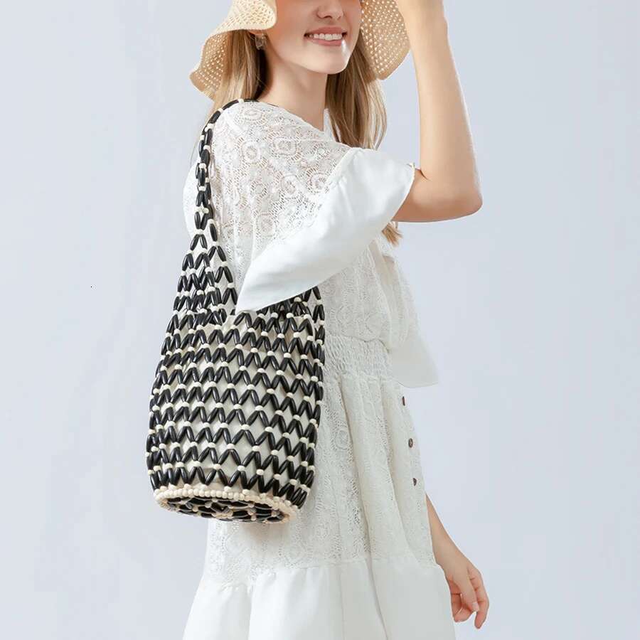 Women Woven Hand Summer Design Hollow-Out Wooden Bead Tote Bucket Shoulder Bag Female Reticulate Netted Canvas Beach Handbag