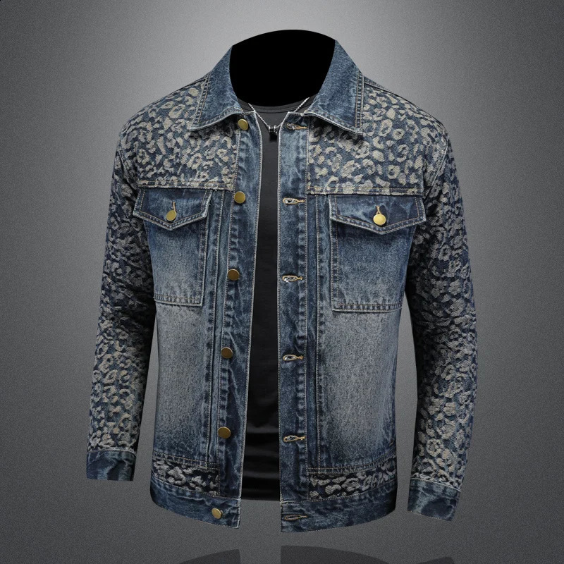 High quality jacquard spliced denim jacket for mens casual business social street clothing 250411