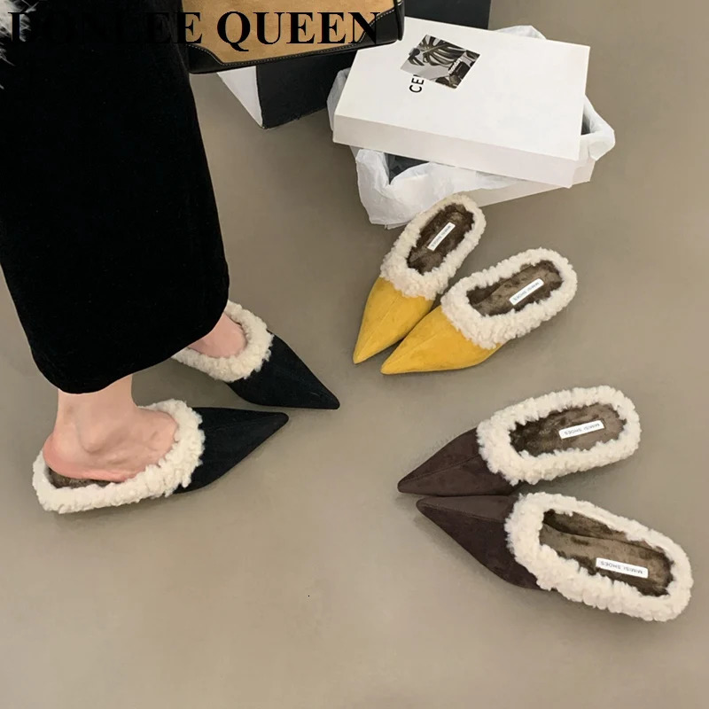 Fashion Mule Shoes Women Slippers Low Heels Fur Shoes Flip Flops Winter Autumn Warm Plush Shoes Pumps Female Footwear 251110