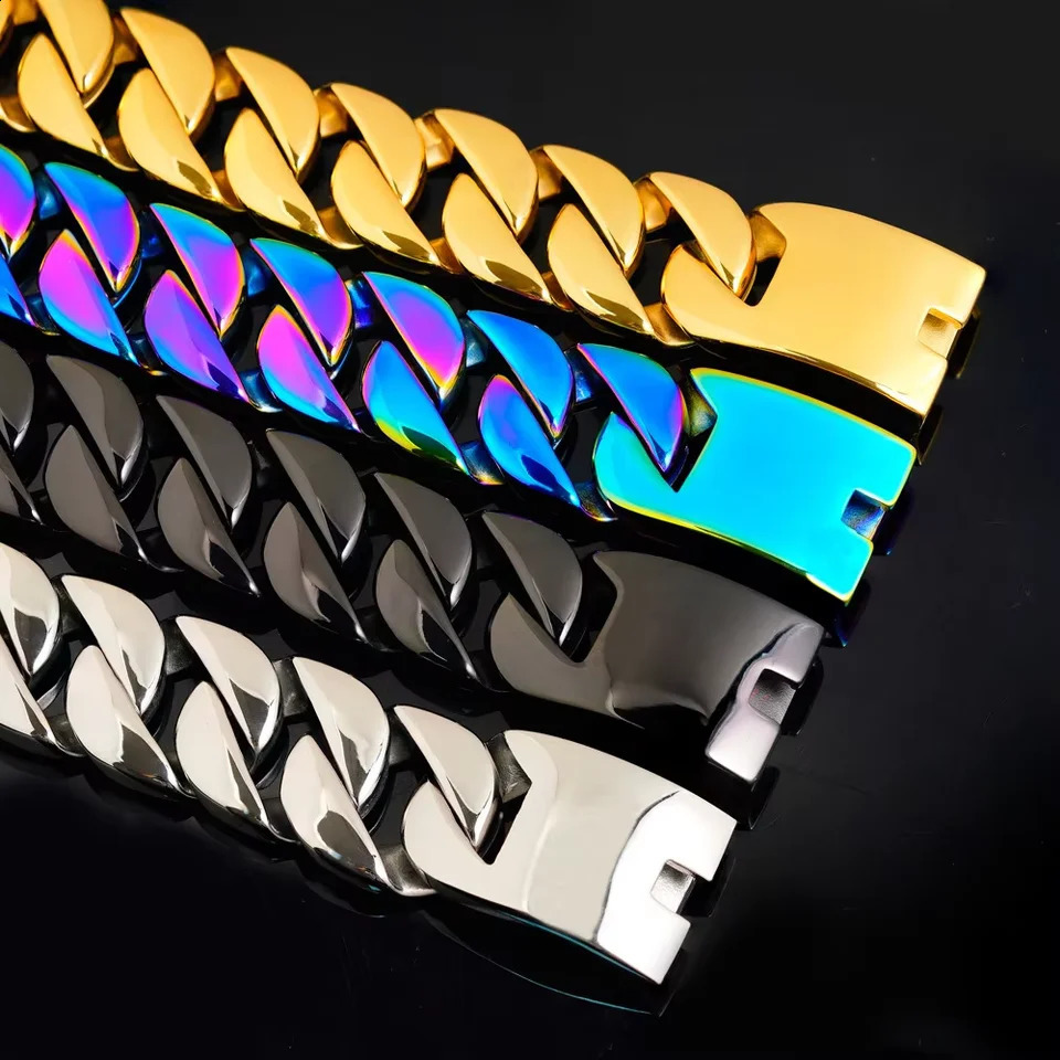 Hip hop 32mm wide 304 stainless steel bracelet trendy charm mens bracelet electroplated gold color Miami Cuban chain 250408