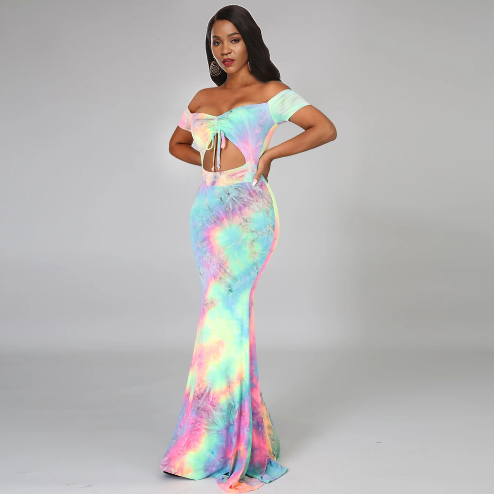 5530 Sexy Off Shoulder Open Navel Tie Dye Dress