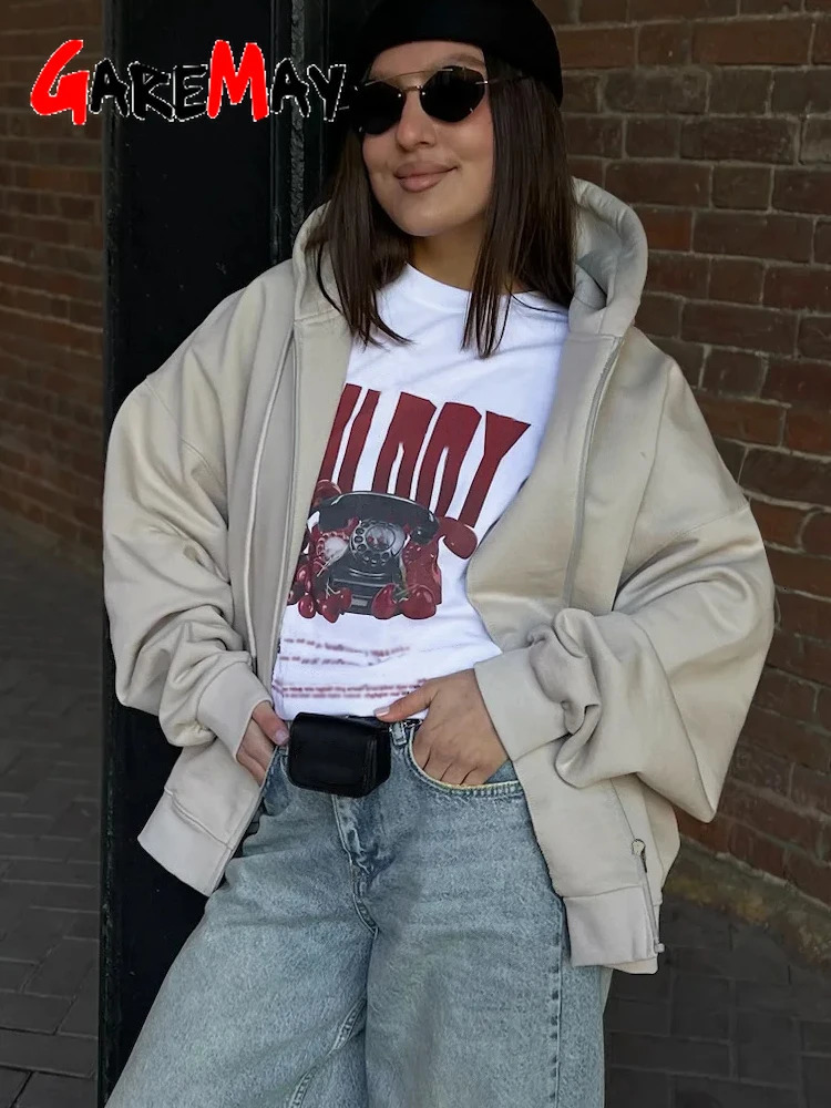 Autumn Womens Hoodie with Zipper Oversize Cotton Long Sleeve Vintage Pink Women Jacket Zip Sweatshirt with Hood 251105