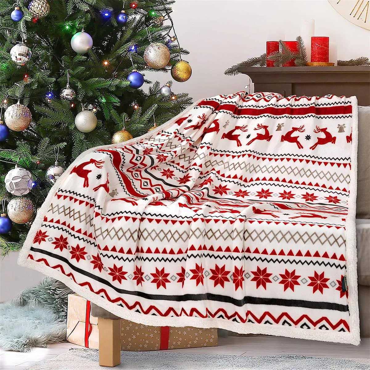 Double Layer Thickened Blanket Elk Snowman Snowflake Print Quilt Wool Cashmere Nap Sofa Cover For Christmas Keep Warm C251111