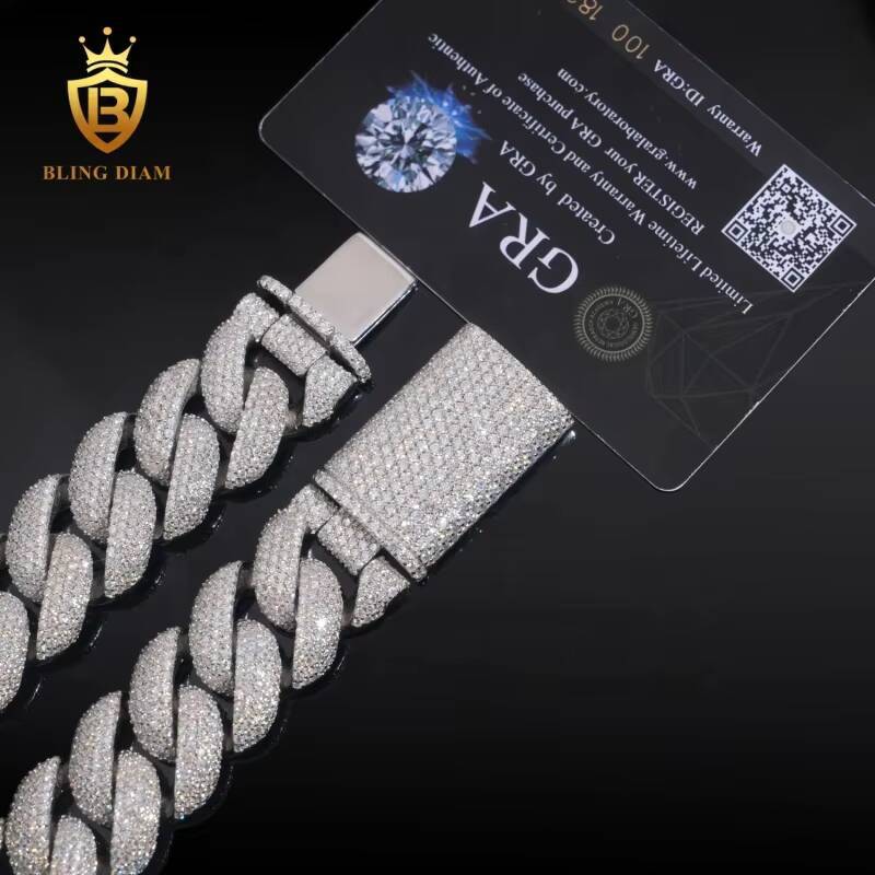 Hip Hop Fine Jewelry Rapper Sterling Silver 925 Necklace Iced Out VVS Moissanite Diamond Miami Cuban Link Chain Necklace