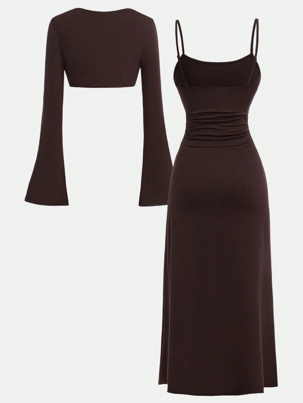 Women's Wine Red Two-Piece Dress Set, Elegant Fashion Spaghetti Strap Midi Dress with Bell Sleeve Crop Top, Stylish & Versatile for Evening & Cas