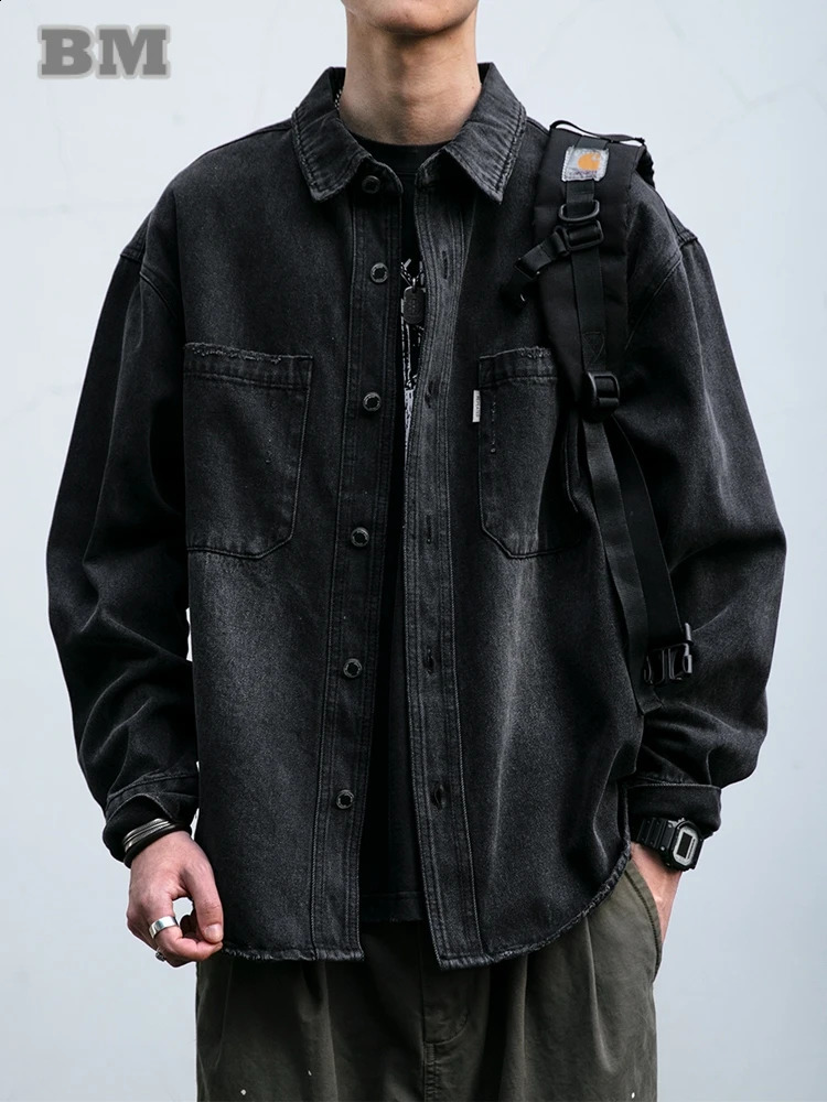 American vintage highquality mens cargo shirt Harajuku casual Distressed denim plus size black jacket clothing 250411