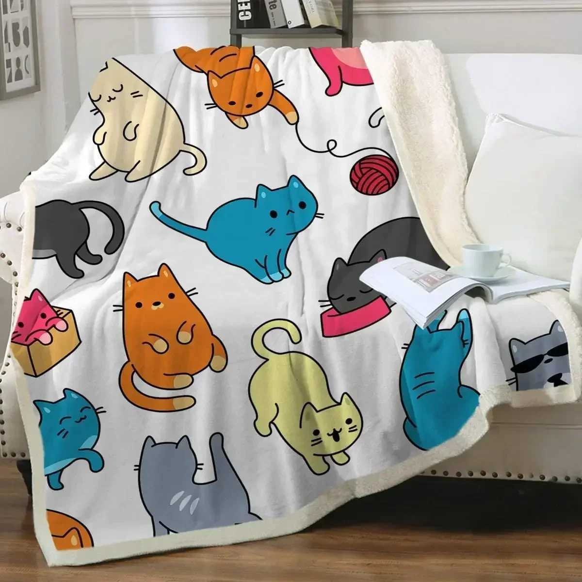 Grey and White Cats Blanket Plush Sherpa Flannel Throw Blankets for Couch Sofa Super Soft Blanket Bedroom TV Throw Blanket Full C251111