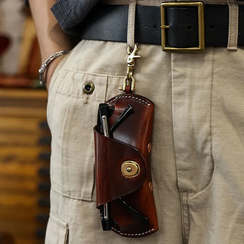 First layer denim leather glasses case low beam glasses for men and women portable hanging rope storage box Tanned 250409