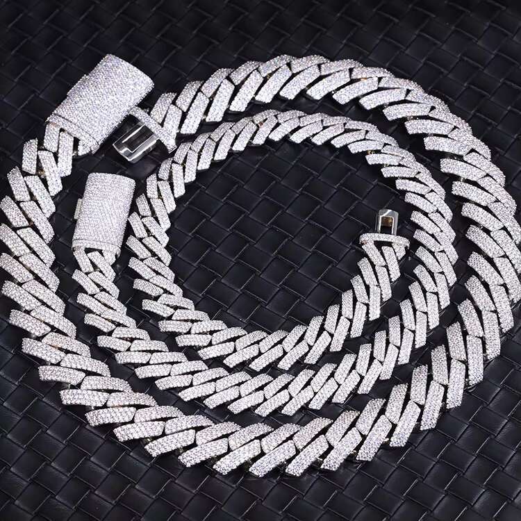 Factory Price Chain 15mm 20mm 3rows Necklace Cuban Link Chains Gold Plated Silver Pass Diamond test Moissanite Chains for Men