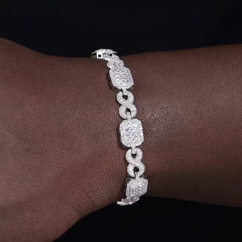 Hip Hop Block Design Jewelry Custom 10mm Pave Setting VVS Moissanite 925 Sterling Silver Infinite Halo Gemstone Bracelet