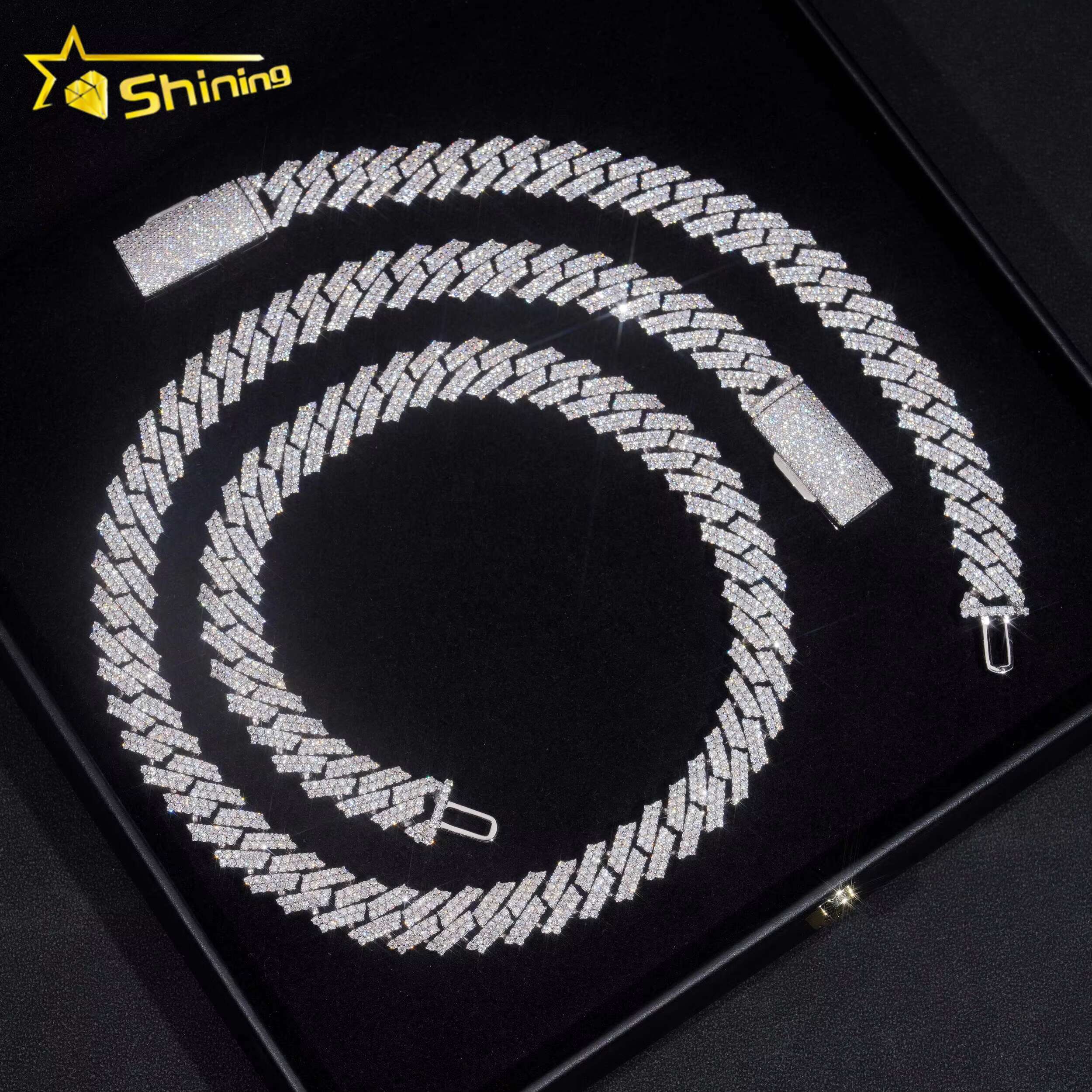 Pass Diamond Tester Hip Hop 925 Silver Two Row Straight Edge 12MM Moissanite Cuban Link Chain