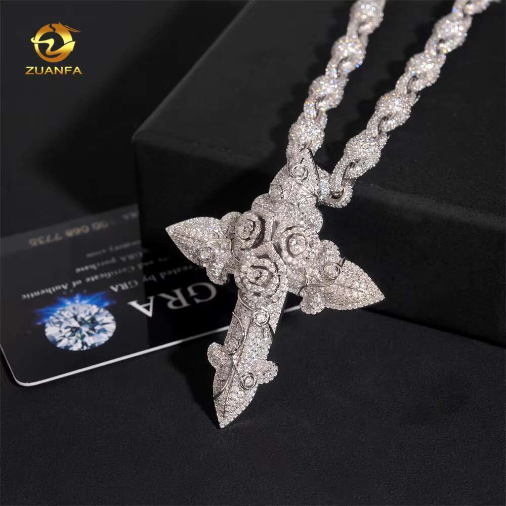 Hip Hop Jewelry Iced Out Luxury Cross Pendant for Cuban Link Chain 925 Silver Moissanite Diamond Charm Pendant