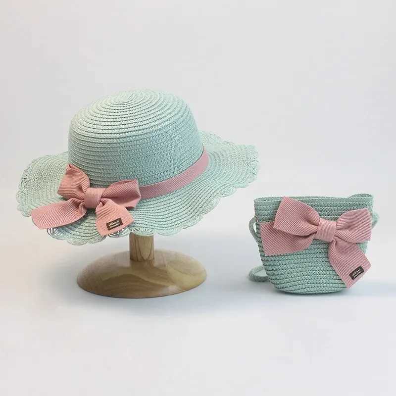 Children Straw Hat and Shoulder Bag Girls Summer Outdoor Beach Cap Cute Bow Travel Beach Sun Hat Crossbody BagC250411