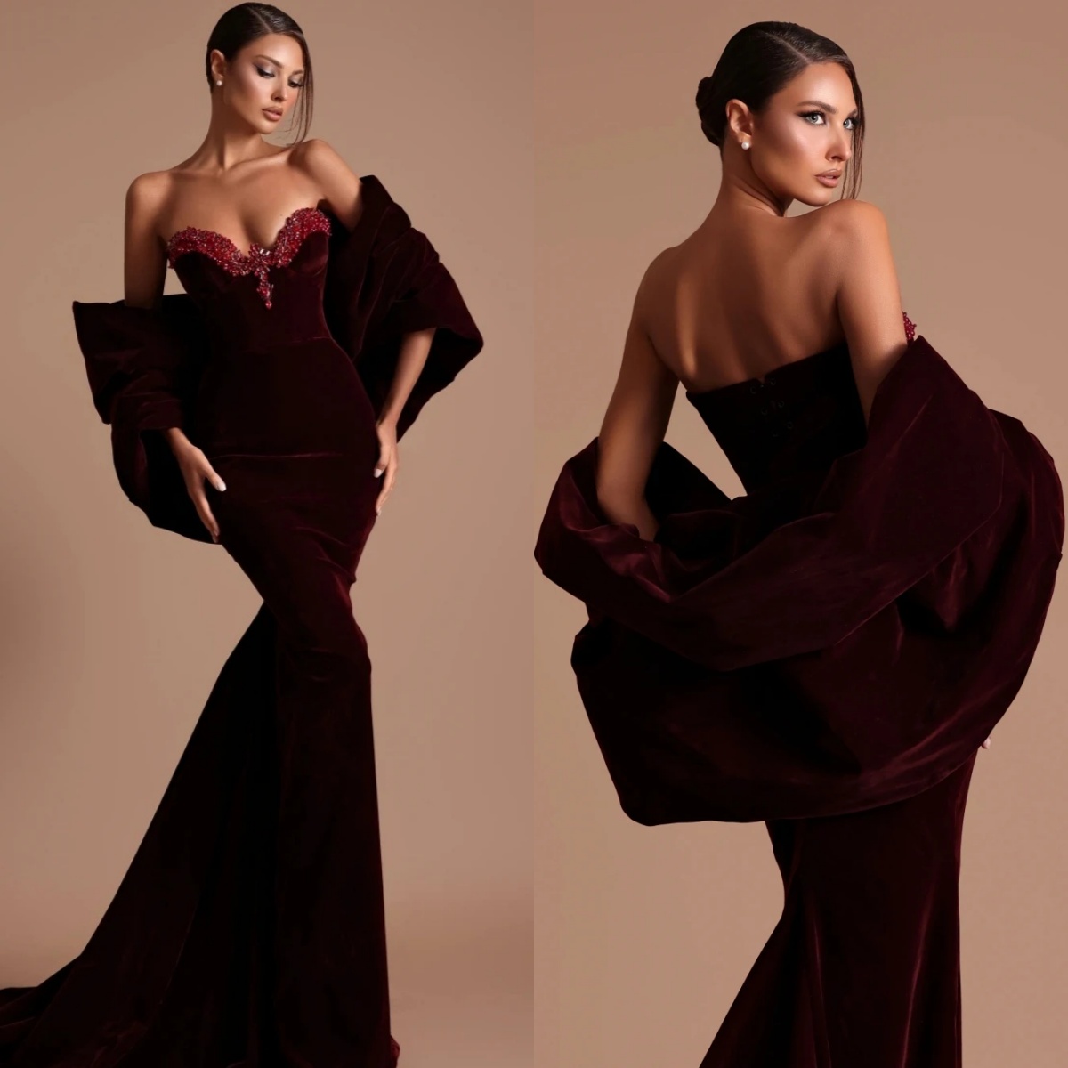 Vintage Mermaid Evening Dresses Crystal Strapless Prom Gowns Velvet Customized Slim Sweep Backless Train Formal Occasion Party Dress Vestidos de noche