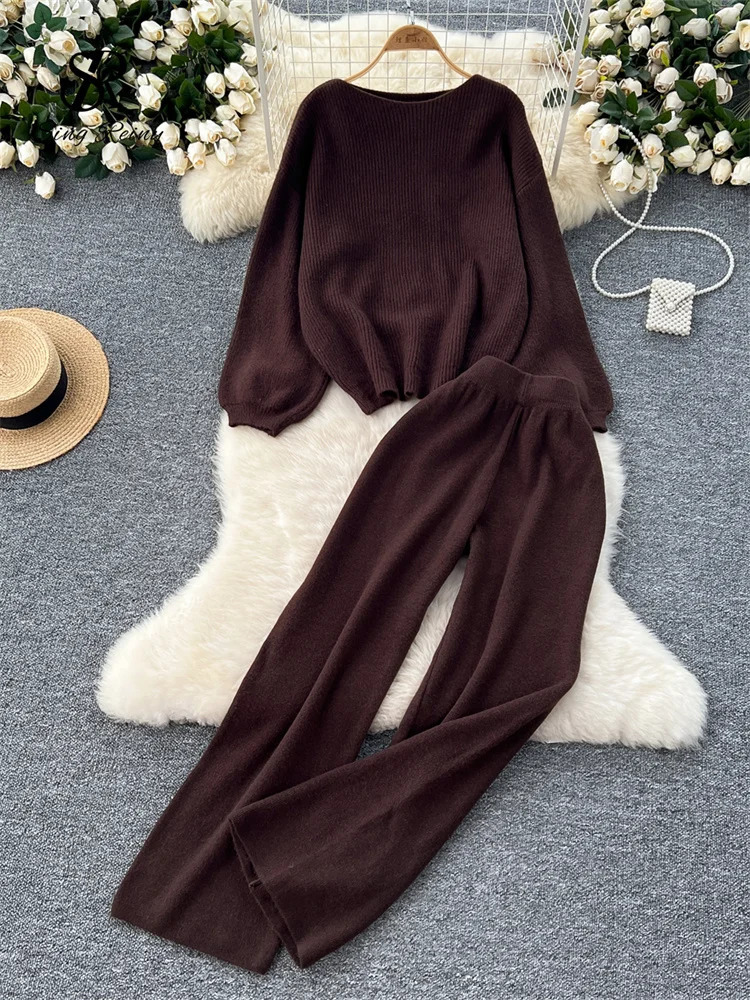 SINGREINY 2025 Winter Thick Women Suits Loose Sweater TopsHigh Waist Wide Legs Long Pants Autumn Solid Causal Warm 2 Piece Sets 251105
