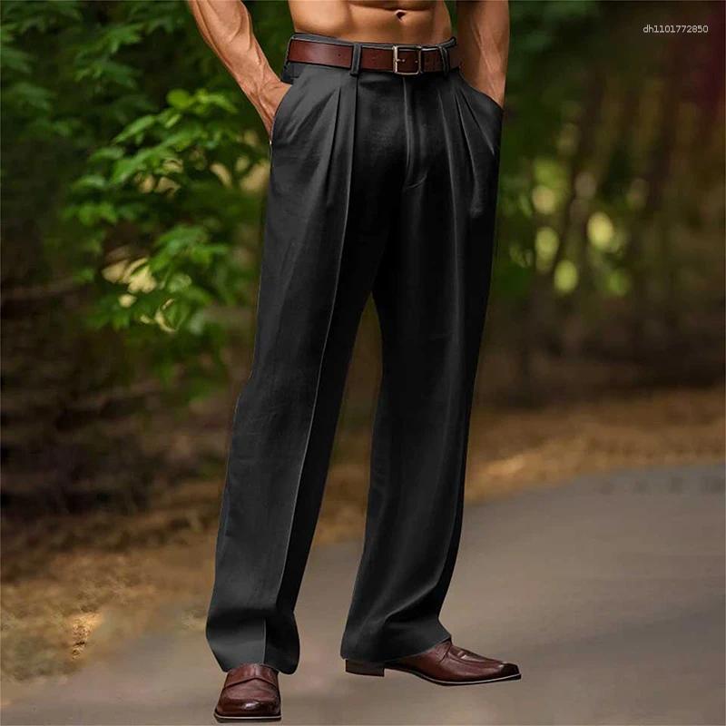 Men's Pants Vintage Solid Color Loose Linen Trousers For Mens Spring Summer Casual Straight Men Fashion Pleated Breathable