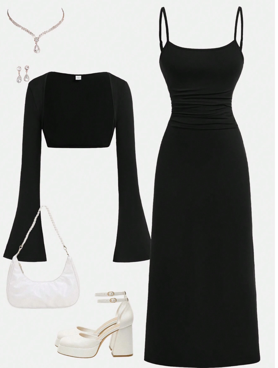 Women's Black Two-Piece Dress Set, Elegant Fashion Spaghetti Strap Midi Dress with Bell Sleeve Crop Top, Stylish & Versatile for Evening & Casual