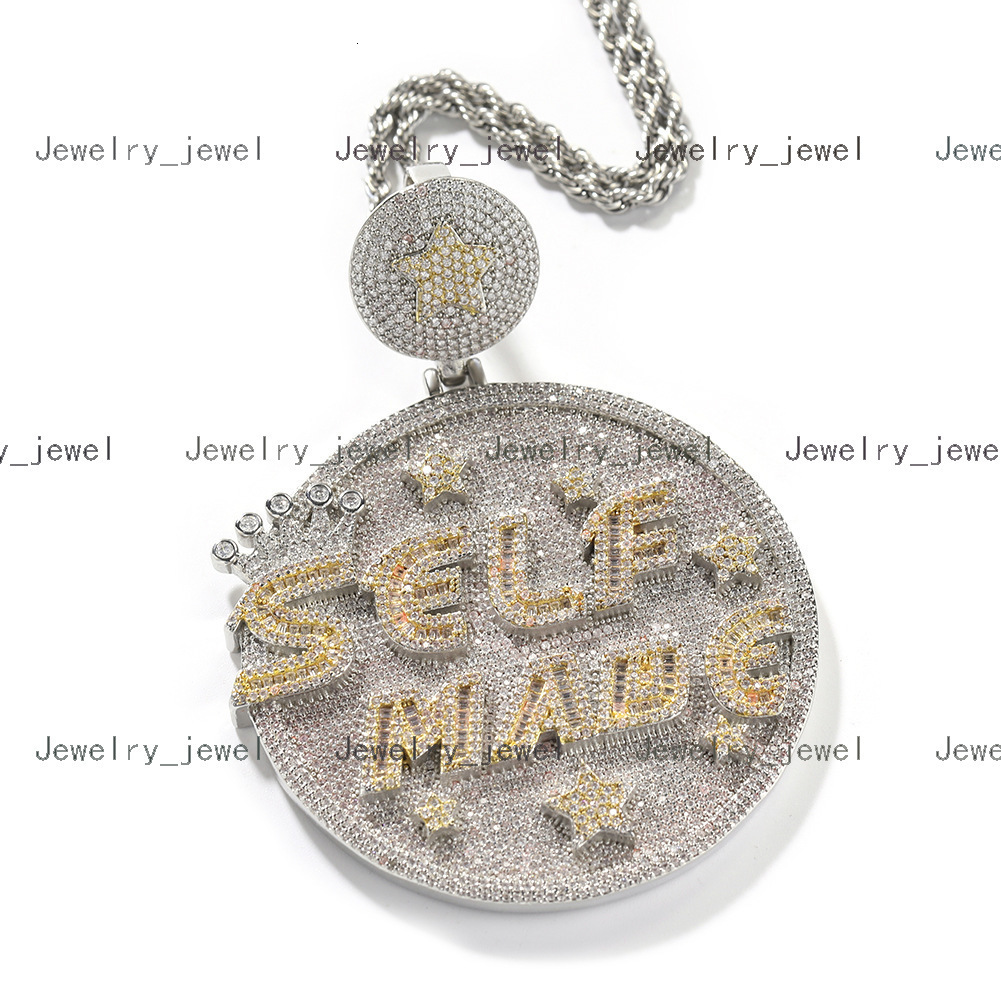 Luxury Bling Cz Micro Pave Personalized Letter SELF MADE Engraved Big Round Medal Pendant Hip Hop Necklaces for Men