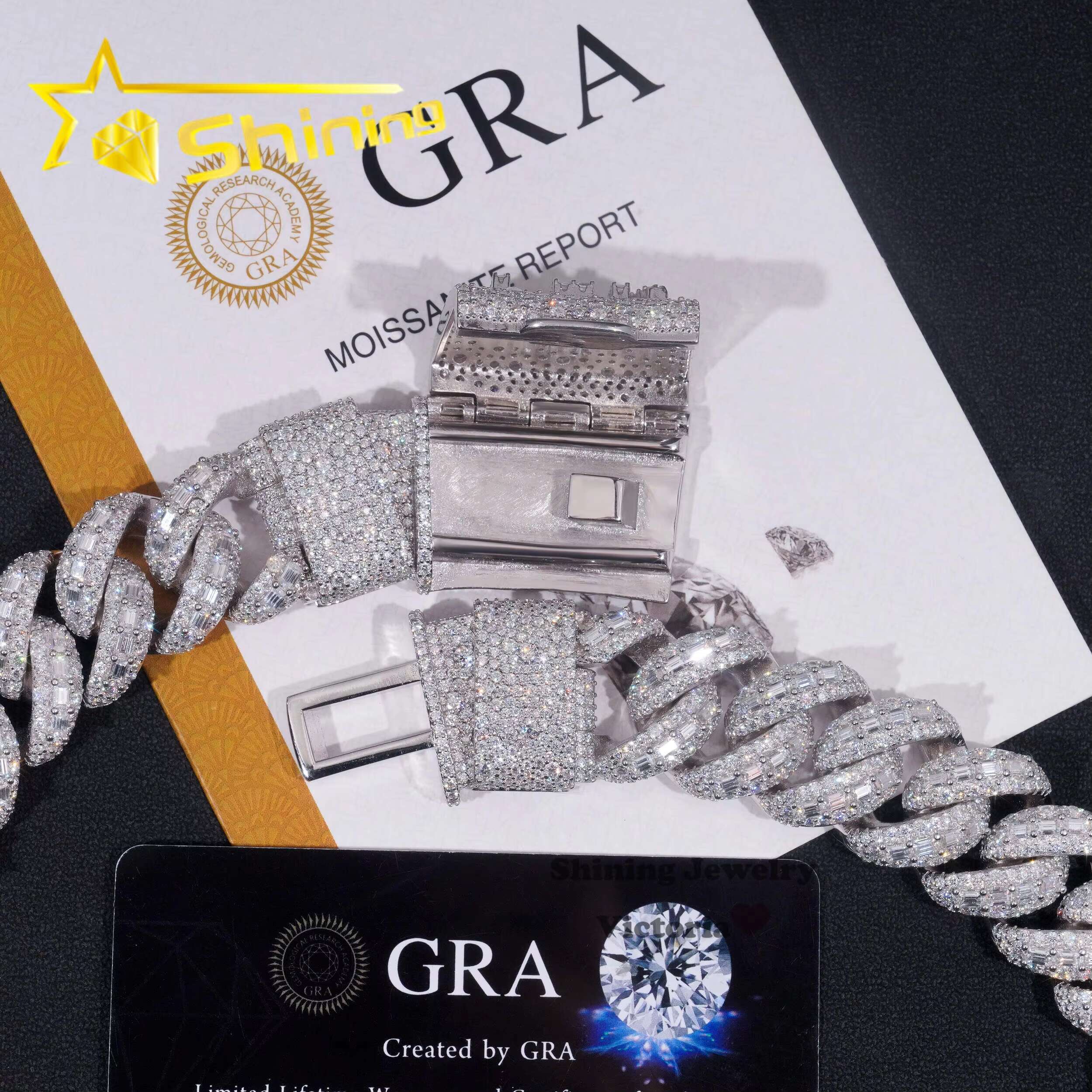 22MM S925 Solid Silver Iced Out Hip Hop Jewelry Moissanite Diamond VVS Miami Cuban Link Chain Mosaic Cuban Chain