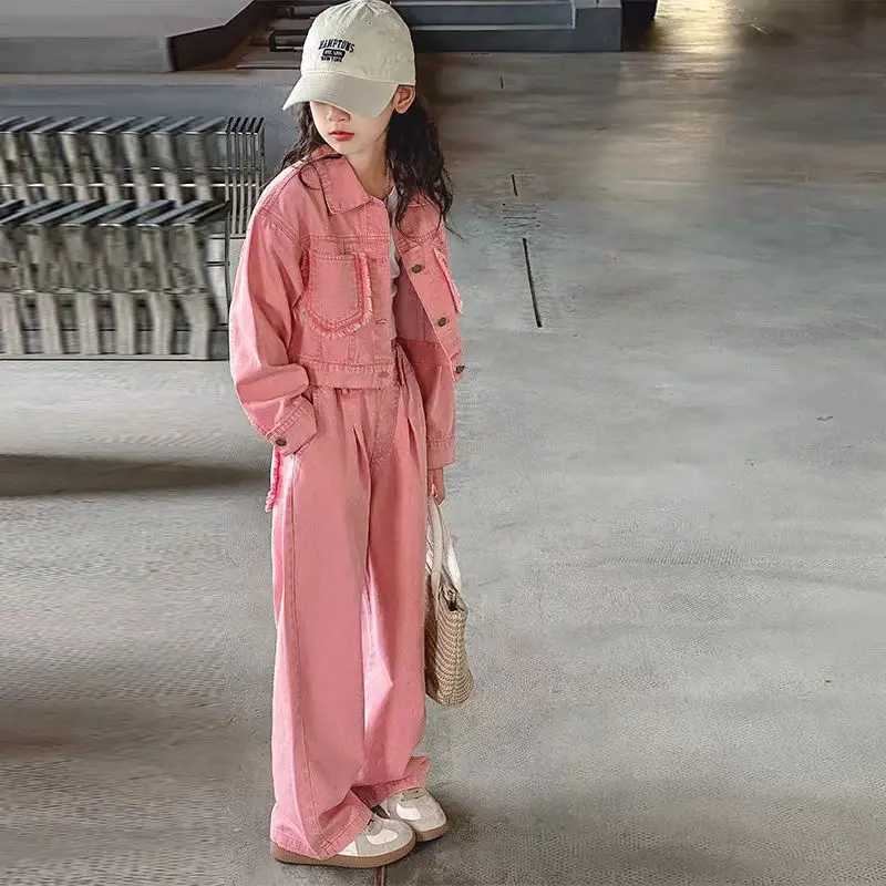 Childrens clothing set denim jacket and wide leg pants 2-piece set childrens clothing girl clothing set childrens boutique clothingXJ250410