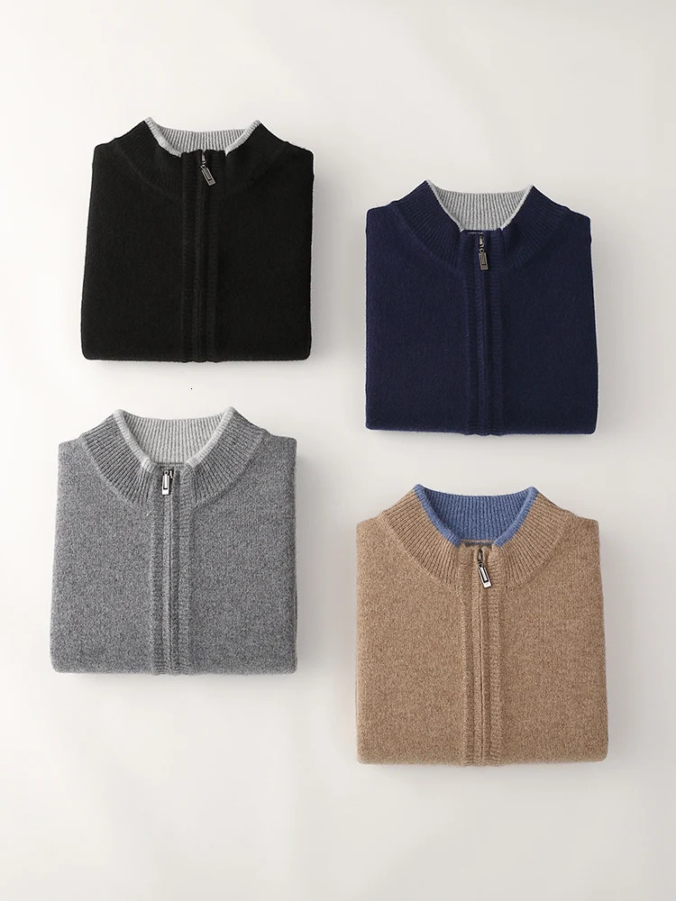 Mens Thick Cardigan Coat Autumn Winter Warm Soft 100 Merino Wool Knitwear Zipper Sweater Contrast Color Casual Fashion Tops 251030