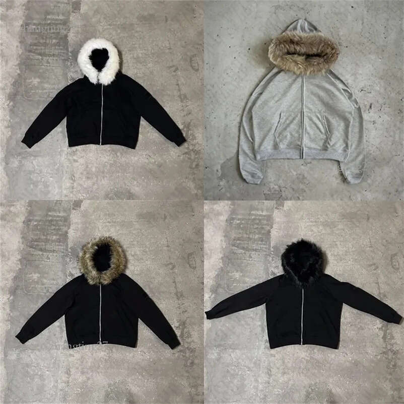 Y2K Zip up Hoodie Solid color Plush Coat Men Clothes Fur collar Hip Hop Streetwear Harajuku American Style Hooded Sweatshirt Top 250714