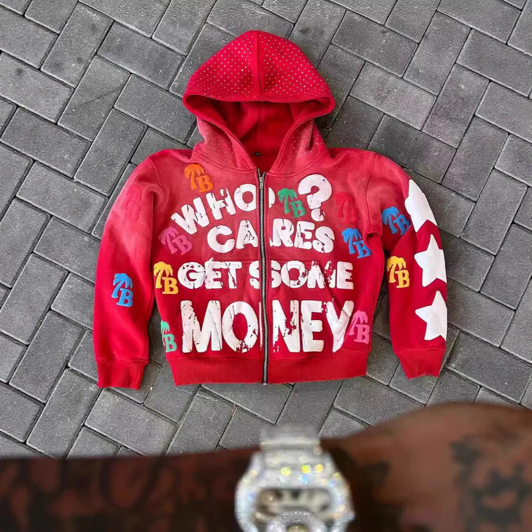 Y2K womens Harajuku Gothic casual American letter foam zipper hoodie mens loose fit retro street hip-hop style hoodie 251110