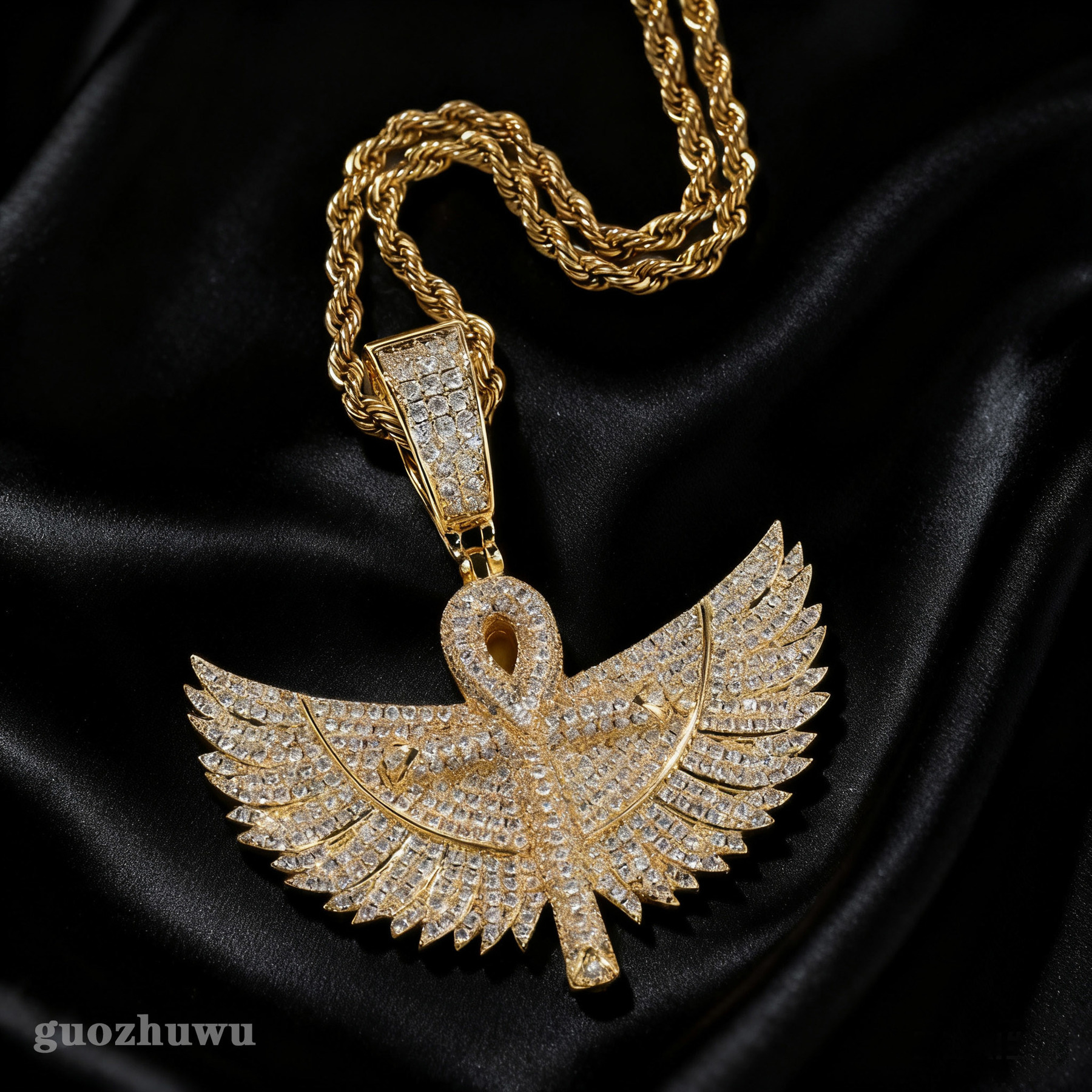 Hip Hop New In Large Ankh Cross With Wings Pendant Full Diamond Cz Stones 14k Real Gold Mens Rap Iced Out Cubic Zirconia Necklaces Punk Rock Collar Bi