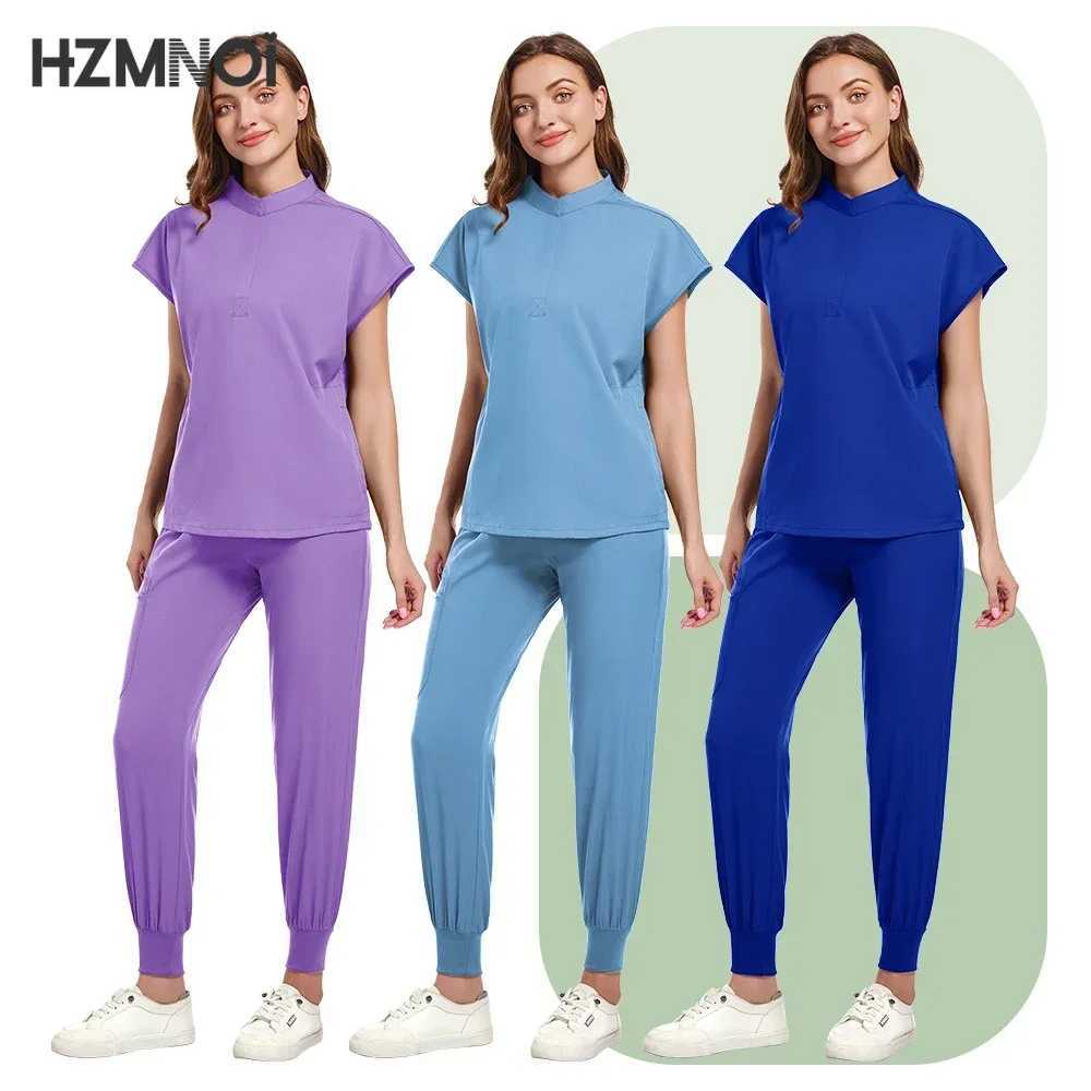 Medical Nursing Scrubs Suit Women Blouse Short Slved Nurse Working Uniforms Solid Color Pet Veterinary Work Clothes X250410