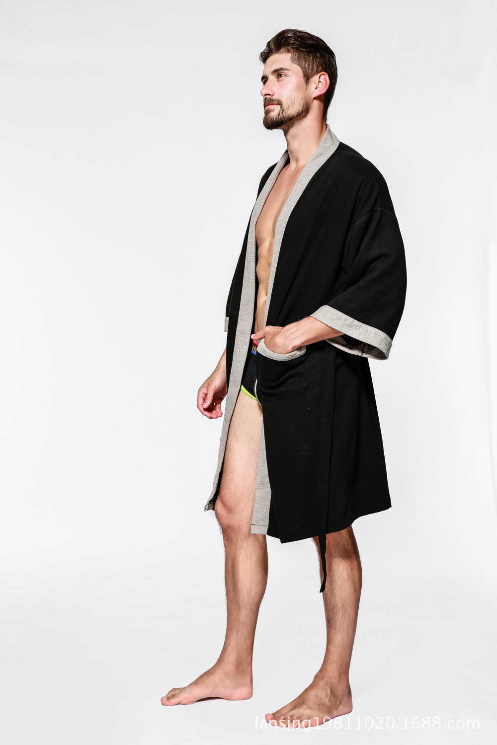 Mens Bathrobe Short Solid 100%cotton Pajama Sexy Warm Leisure Home Bath Robe MenXJ241018