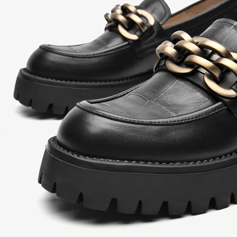 BeauToday Loafers for Women Genuine Cow Leather Round Toe Metal Chain Slip-on Ladies Platform Shoes Handmade I27748 251110