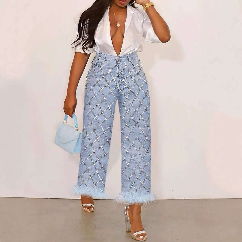 Women's Wear Fashionable Women's Jeans Plus Daily Light Blue High Waist Diamond Straight Leg Feather Denim Ankle Pants