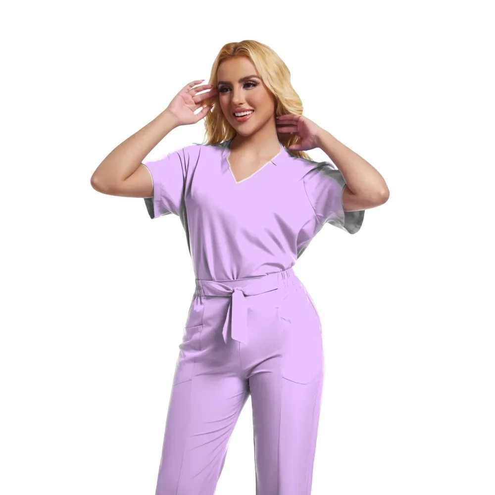 HZMNOI Scrubs Uniform Suit Short Slve V-neck Tops+jogger Pants Set Nursing Women Multicolor Pet Doctor Scrub Medical Workwear X250410
