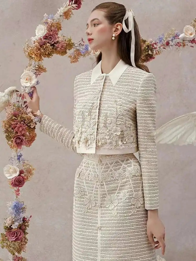 DEAT Elegant 2 Pcs Set 3D Flower Contrast Color Short Top A-line Skirt Tweed Womens Evening Party Suit Autumn 35Z1268 251106