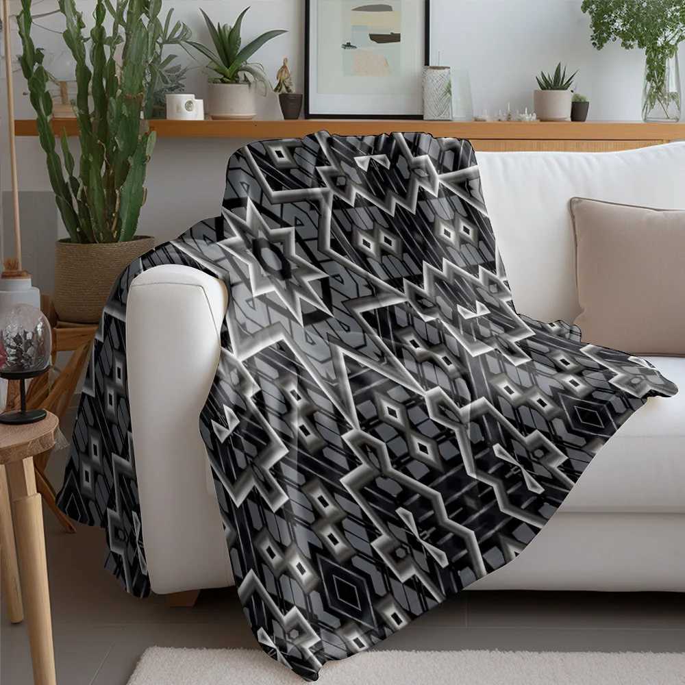 Black Gray Geometric Pattern Fleece Blanket Throw Soft Warm Bed Sofa Cover Decorative Throw Blanket C251111
