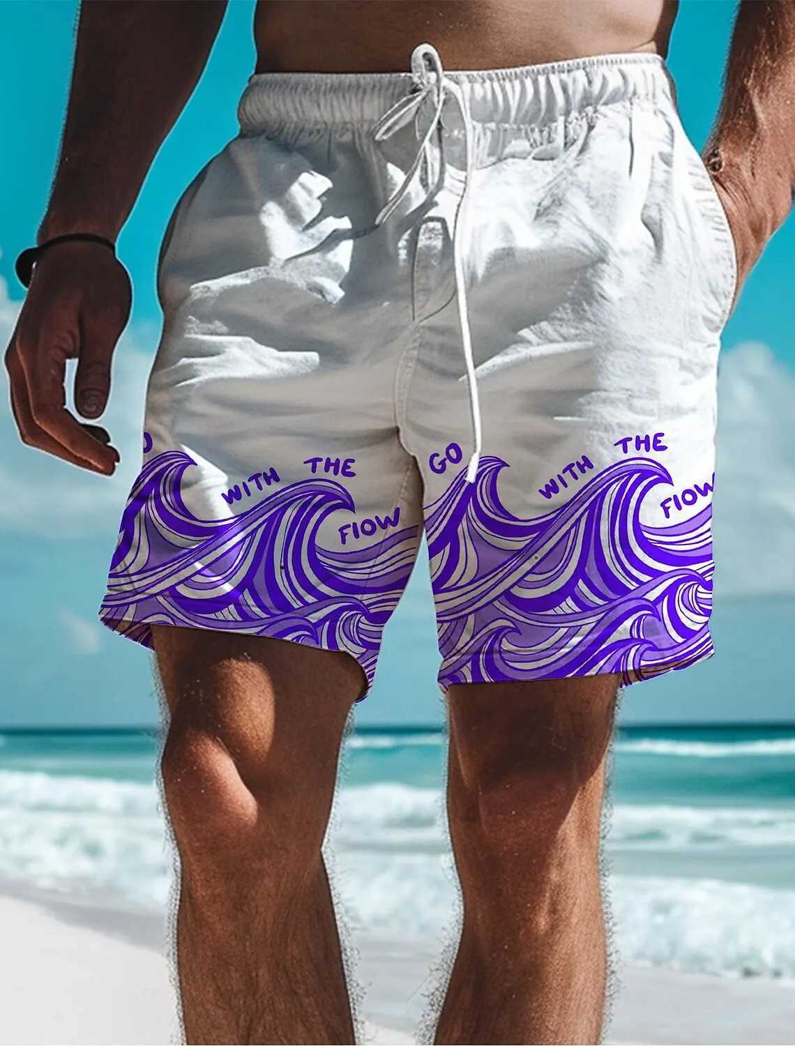 Waves Mens Resort 3D Printed Board Shorts Swimming Rod Elastic Waist Pull Rod Hawaiian Beach Style Letter Design ShortsW250410