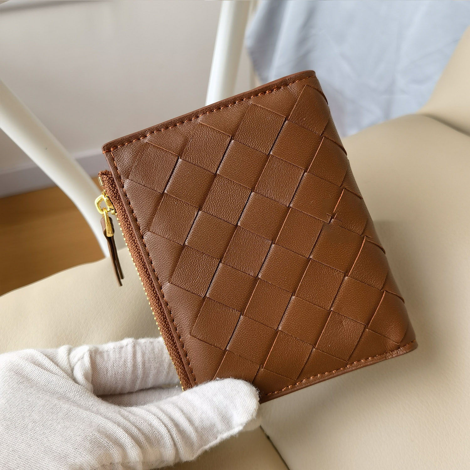 Sheepskin hand-woven short wallet coin purse zipper bag genuine leather billfold card holder integrated storage bag trendy